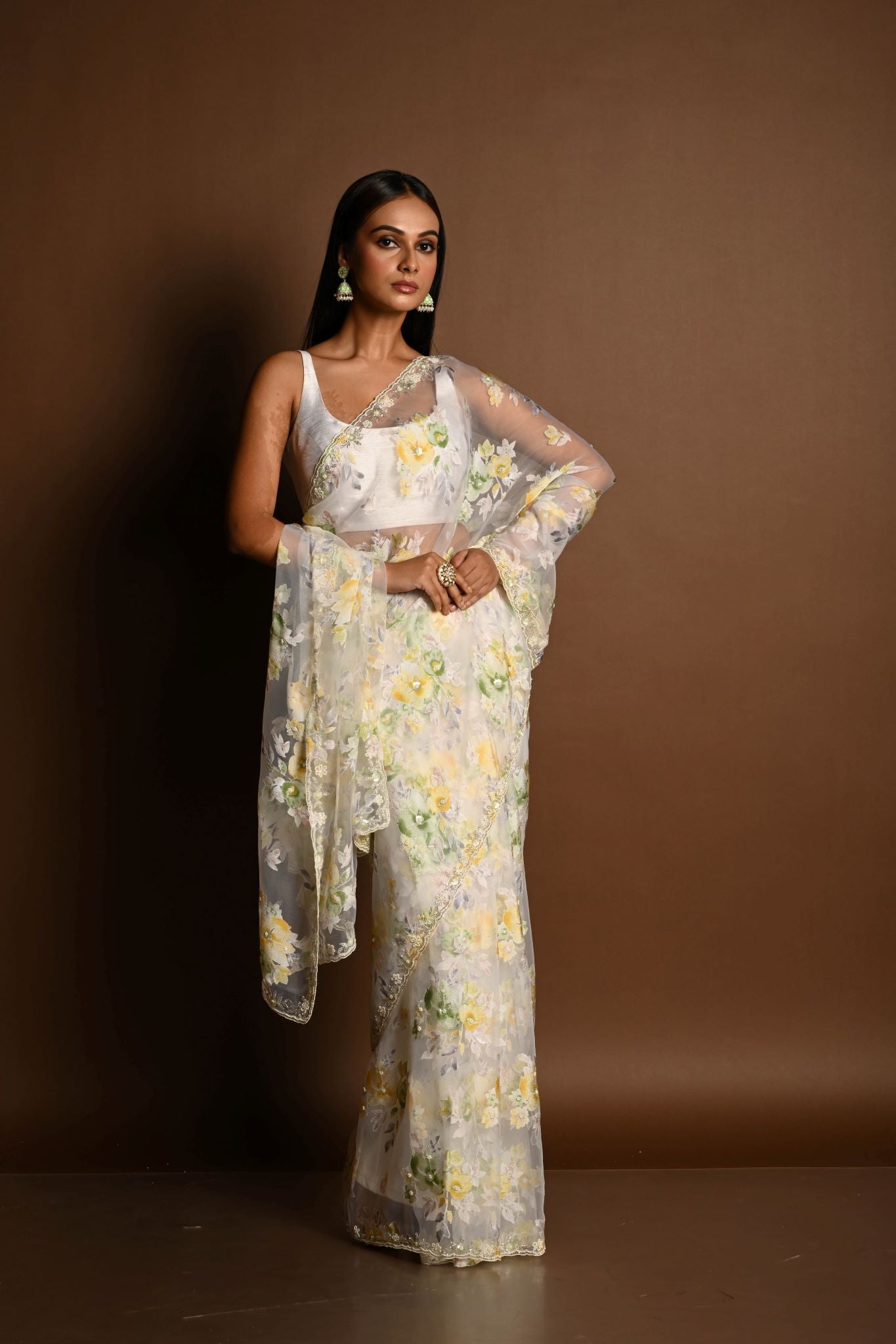 Elegant White Net Saree with Multicolored Floral Embroidery- Shop Now