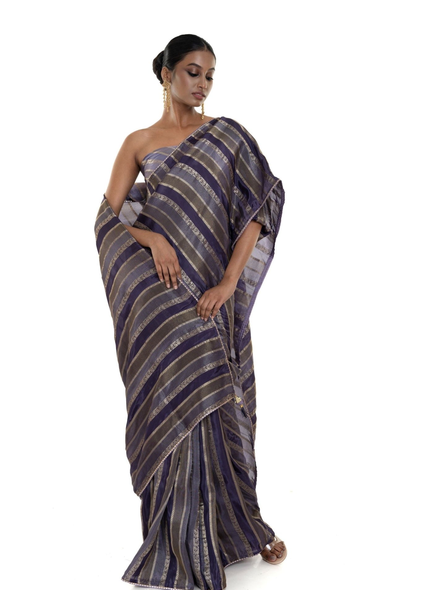 Blue and Silver Striped Silk Saree