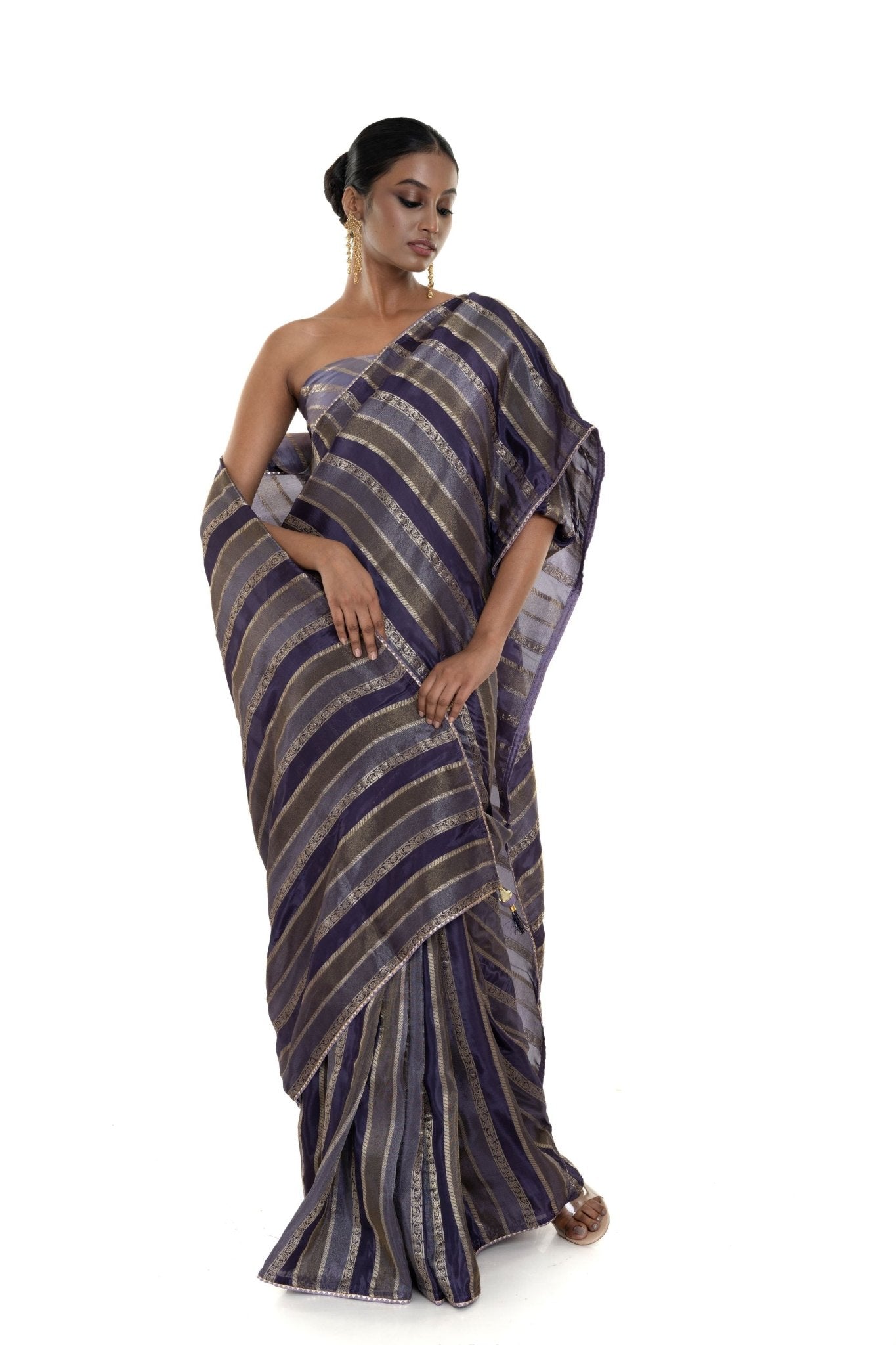 Blue and Silver Striped Silk Saree