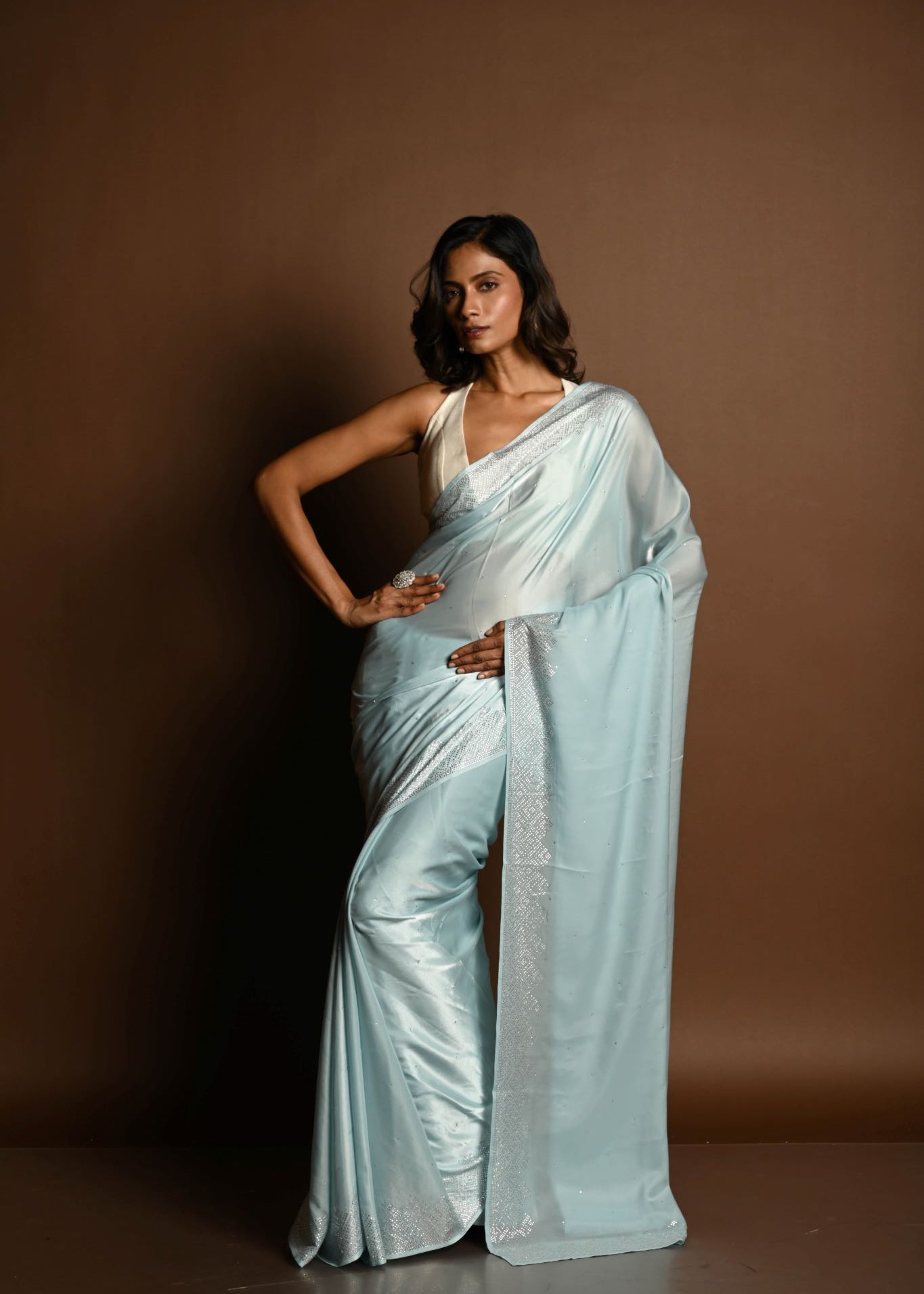 Ice Blue Satin Saree with Stone Studded Saree and Unstitched Blouse Piece - Image 1