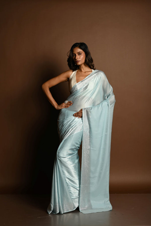Ice Blue Satin Saree with Stone Studded Saree and Unstitched Blouse Piece - Image 1