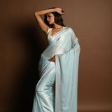 Ice Blue Satin Saree with Stone Studded Saree and Unstitched Blouse Piece - Image 2