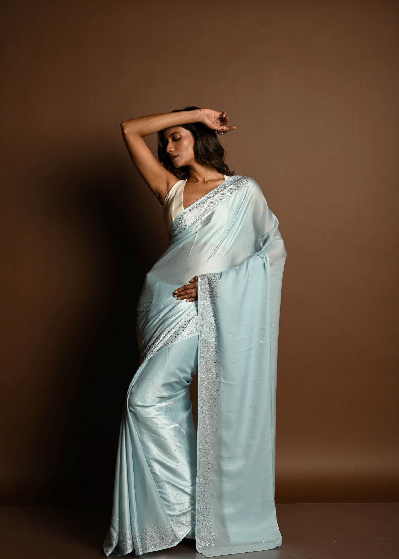 Ice Blue Satin Saree with Stone Studded Saree and Unstitched Blouse Piece - Image 2