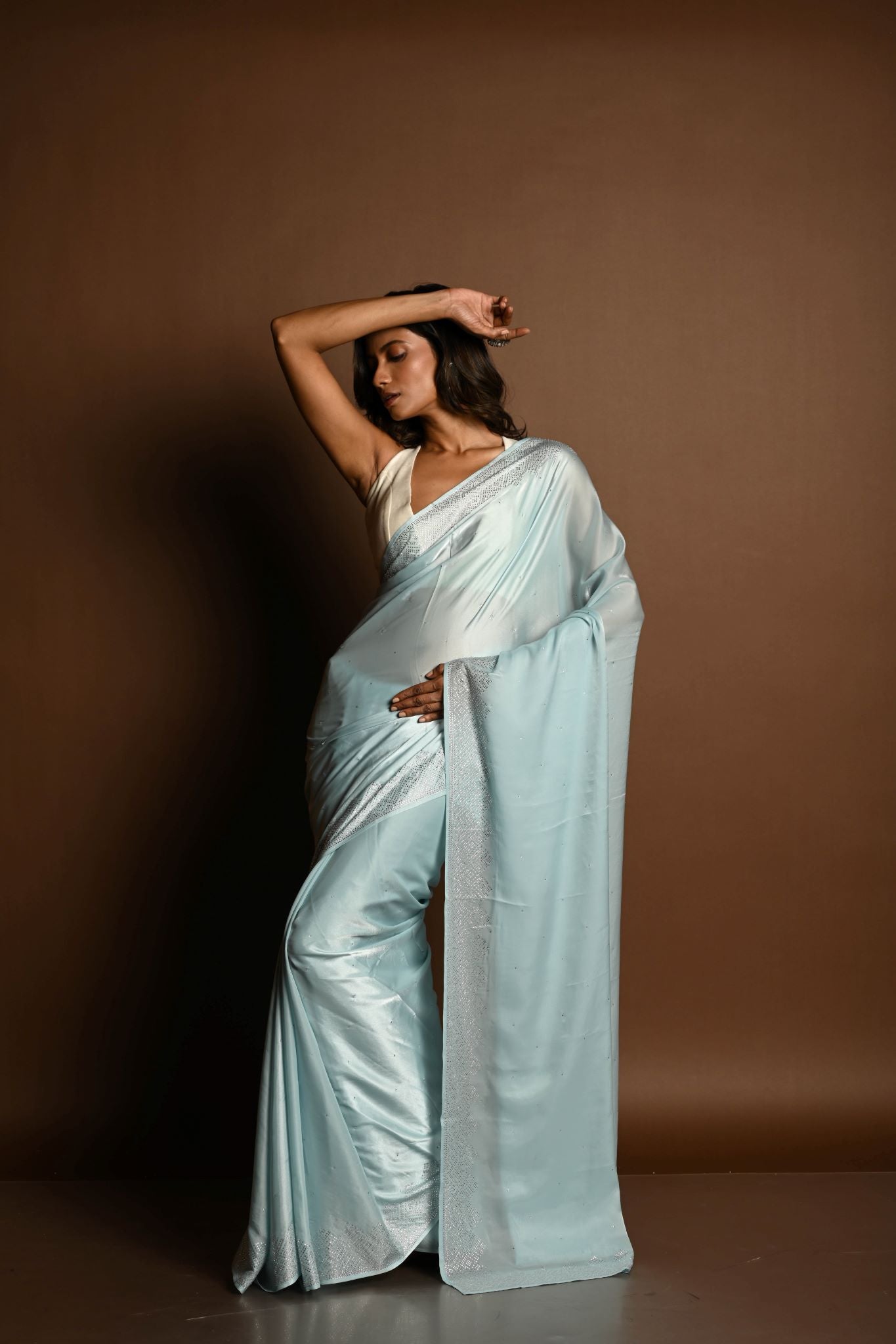 Ice Blue Satin Saree with Stone Studded Saree and Unstitched Blouse Piece - Image 2