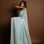 Ice Blue Satin Saree with Stone Studded Saree and Unstitched Blouse Piece - Image 5