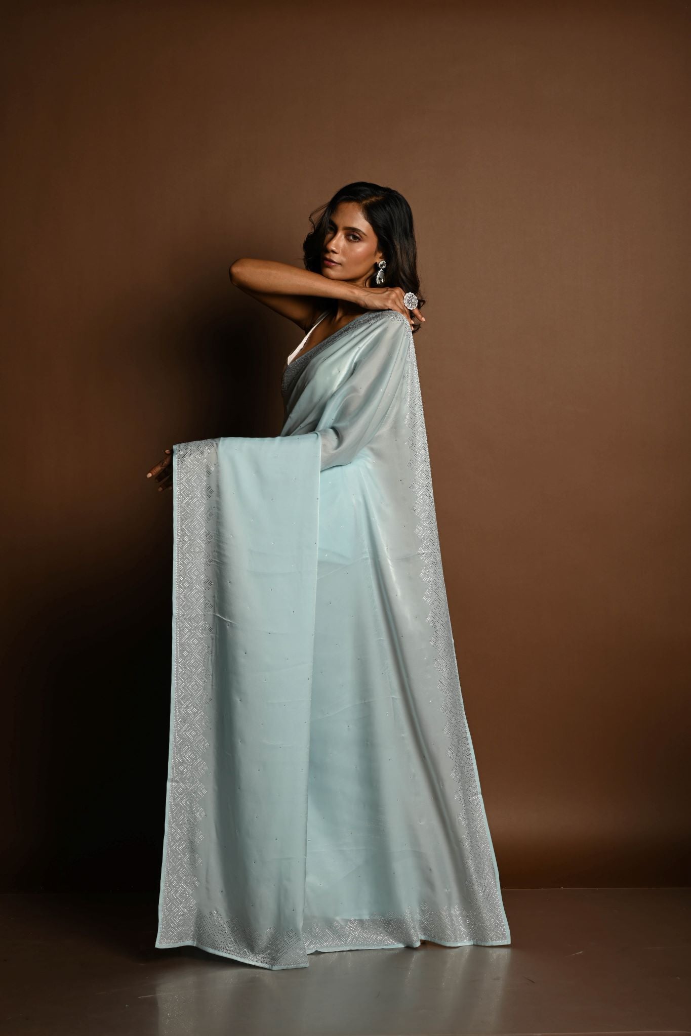 Ice Blue Satin Saree with Stone Studded Saree and Unstitched Blouse Piece - Image 5