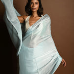 Ice Blue Satin Saree with Stone Studded Saree and Unstitched Blouse Piece - Image 4