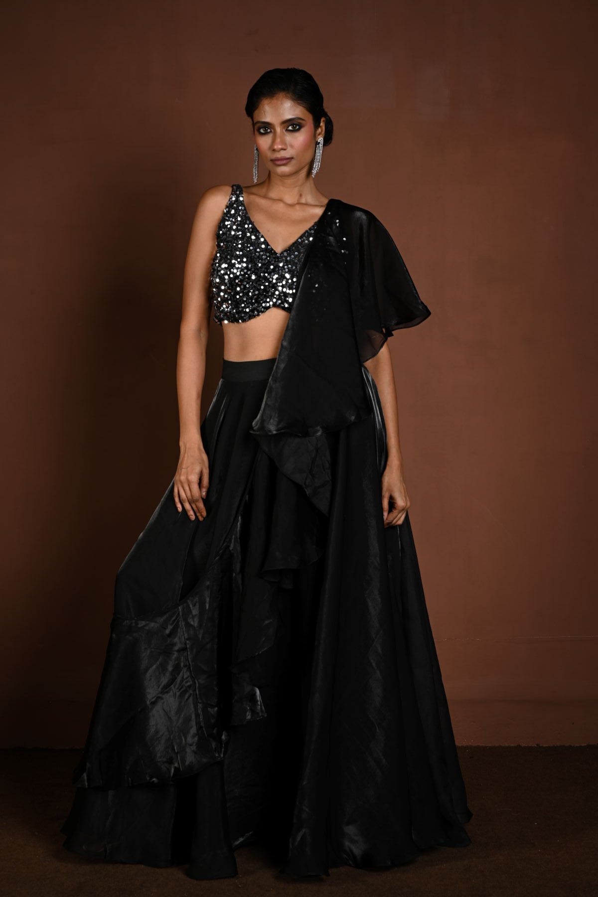 Black Glass Organza Fusion Lehenga with Sequin Choli and Ruffle Dupatta - Anvi Couture