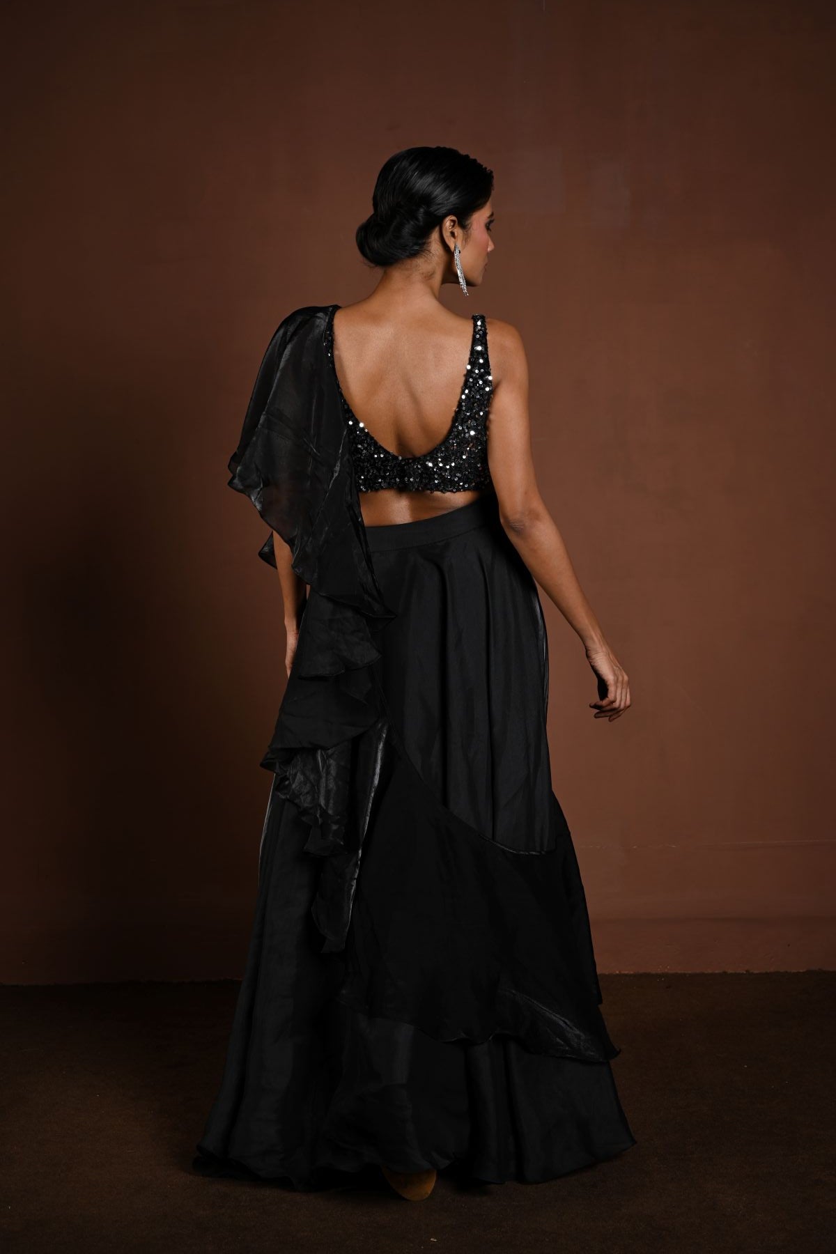 Black Glass Organza Fusion Lehenga with Sequin Choli and Ruffle Dupatta - Anvi Couture