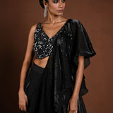 Black Glass Organza Fusion Lehenga with Sequin Choli and Ruffle Dupatta - Anvi Couture