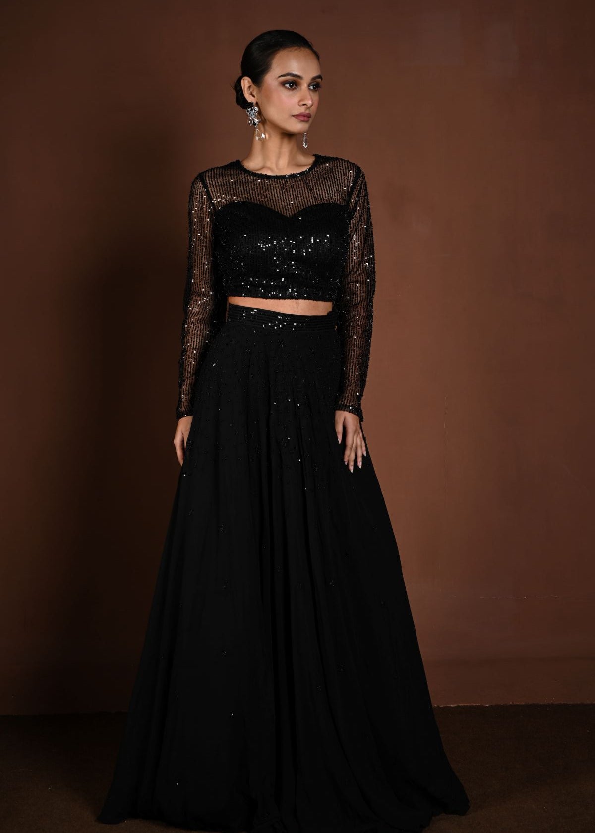 Black Sequin Party Wear Lehenga with Full Sleeve Choli - Anvi Couture