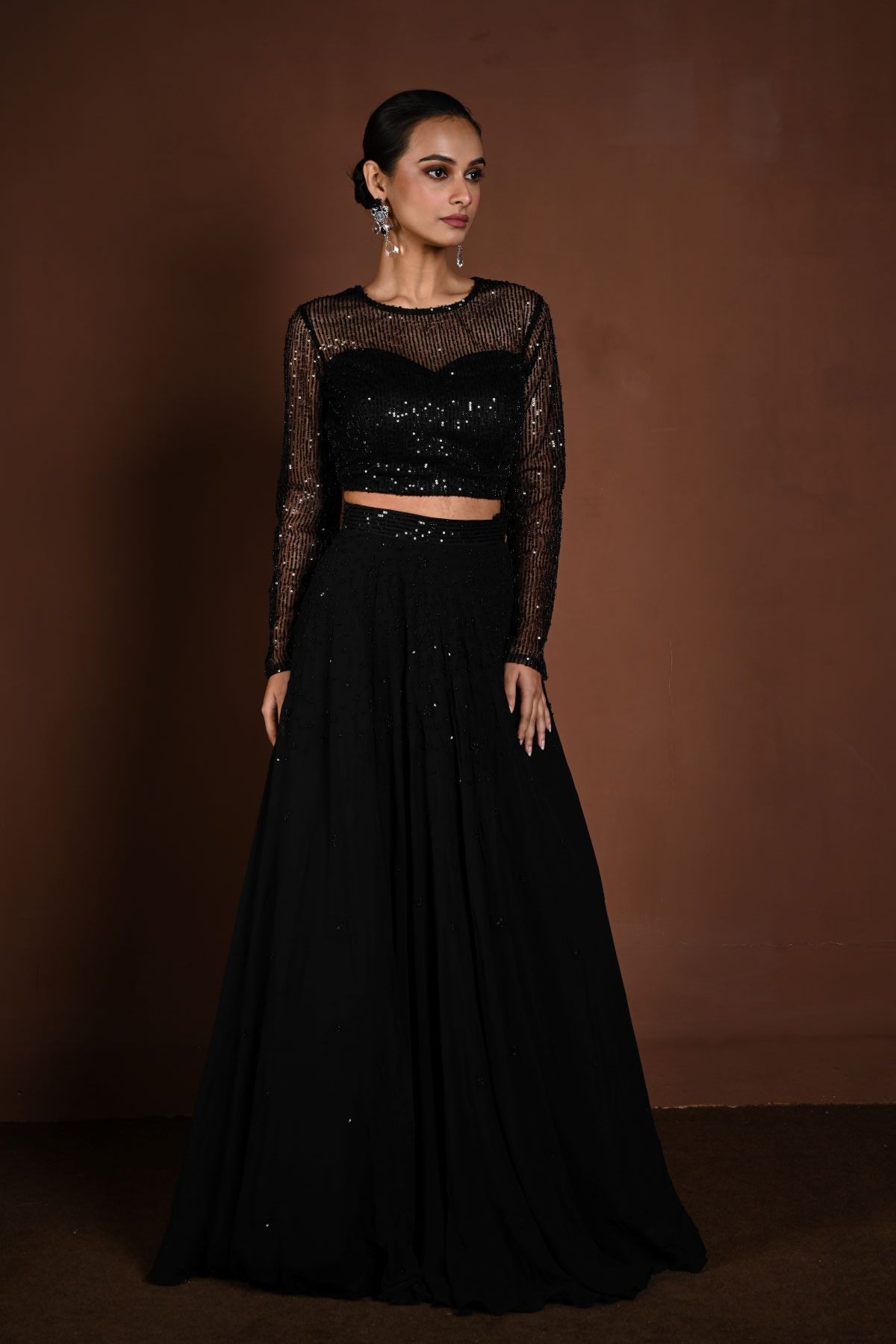 Black Sequin Party Wear Lehenga with Full Sleeve Choli - Anvi Couture