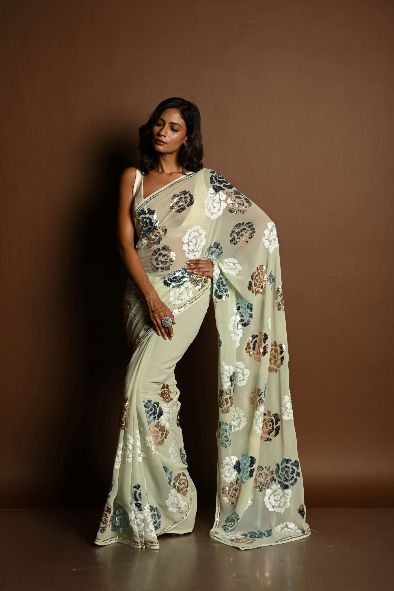 Mint Green Chiffon Saree with White, Blue and Copper Floral Sequin Work - Image 5