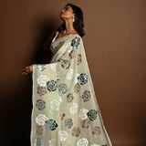 Mint Green Chiffon Saree with White, Blue and Copper Floral Sequin Work - Image 4