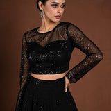 Black Sequin Party Wear Lehenga with Full Sleeve Choli - Anvi Couture