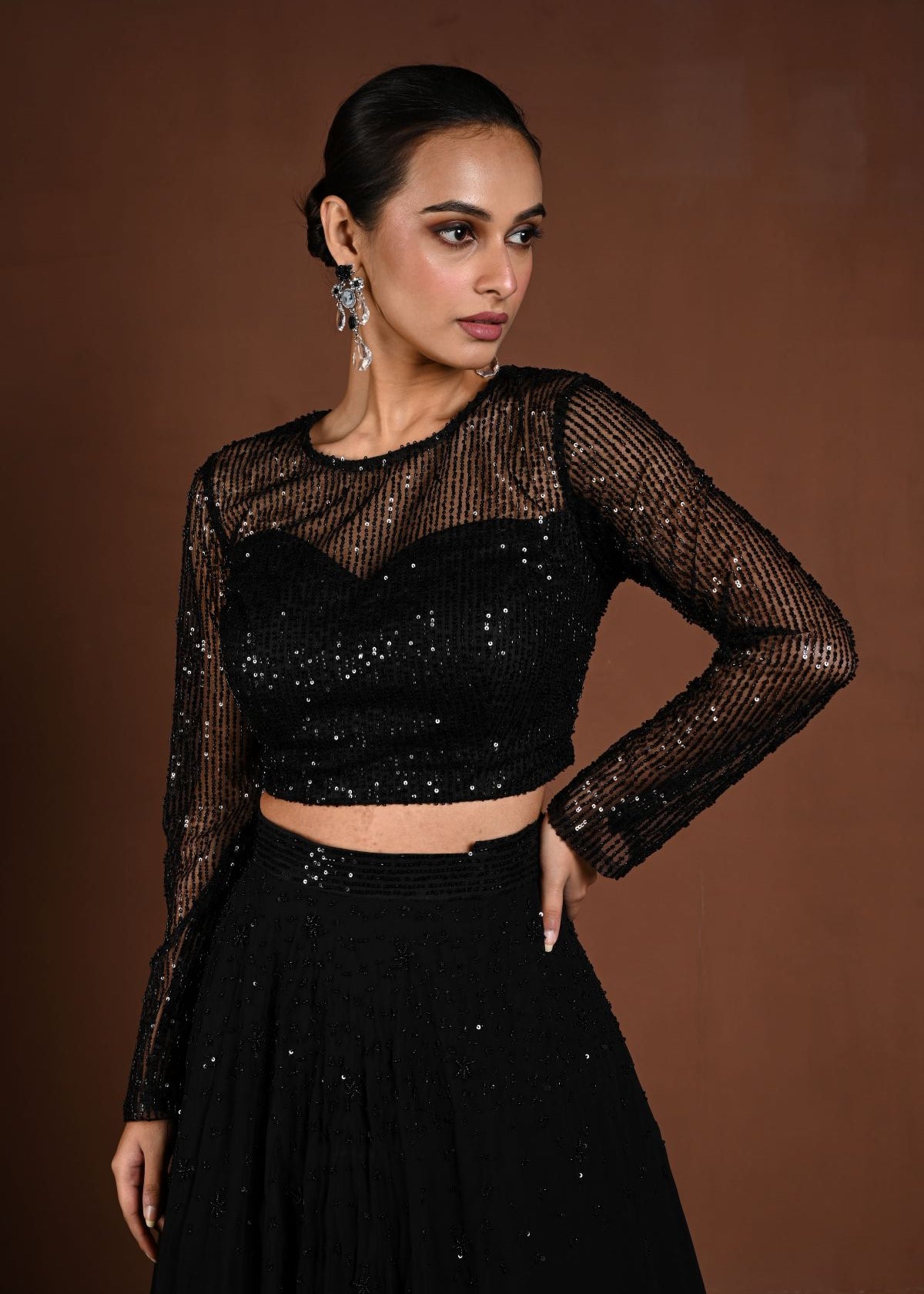Black Sequin Party Wear Lehenga with Full Sleeve Choli - Anvi Couture