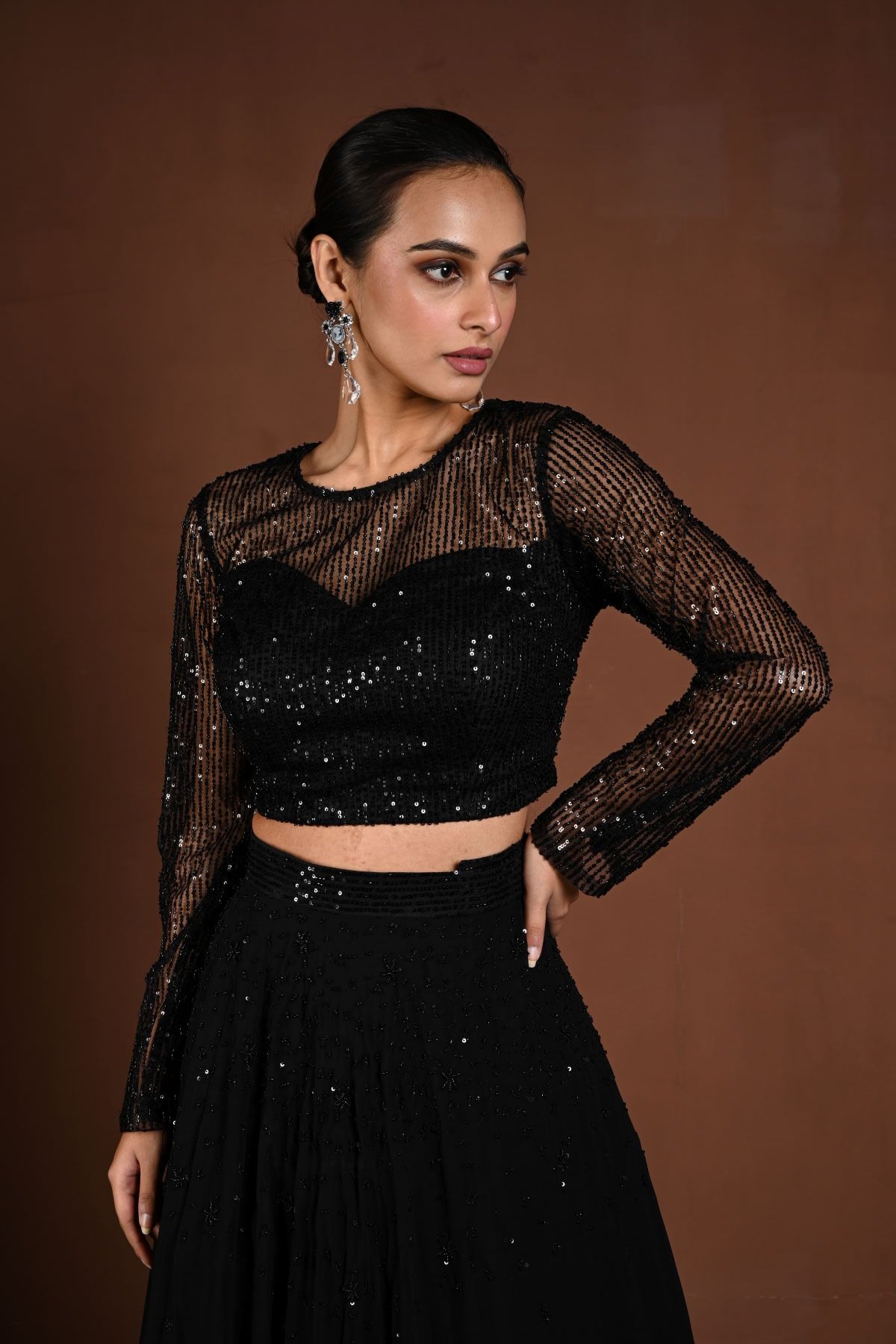 Black Sequin Party Wear Lehenga with Full Sleeve Choli - Anvi Couture