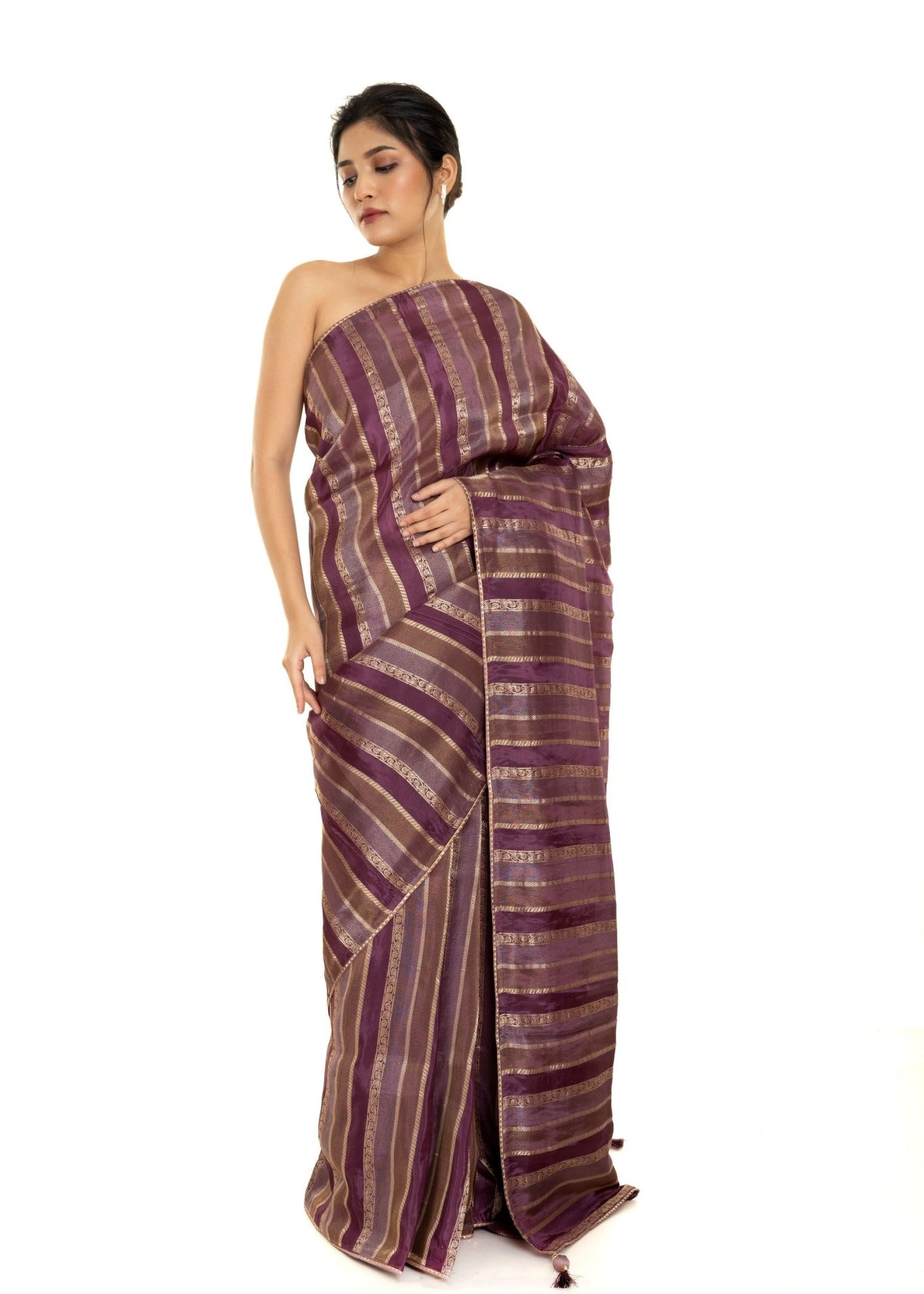 Purple and Gold Striped Woven Silk Saree with Unstitched Blouse Piece - Anvi Couture