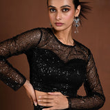 Black Sequin Party Wear Lehenga with Full Sleeve Choli - Anvi Couture