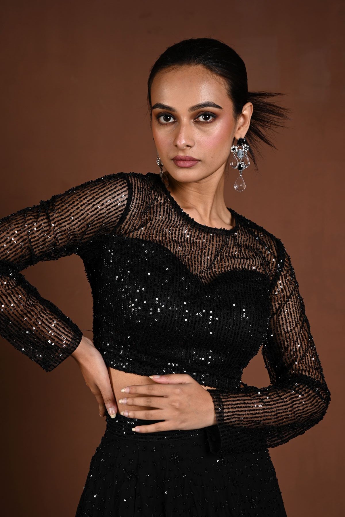 Black Sequin Party Wear Lehenga with Full Sleeve Choli - Anvi Couture