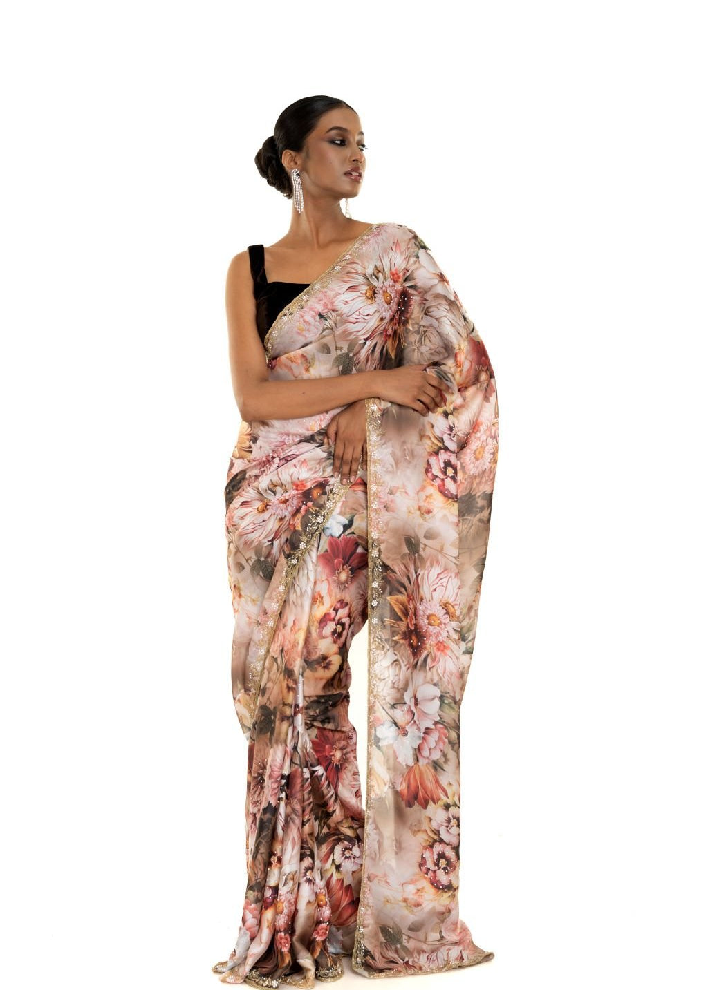 Ivory Crepe Saree with Delicate Floral Print and Cut Dana Embroidery Work - Image 2