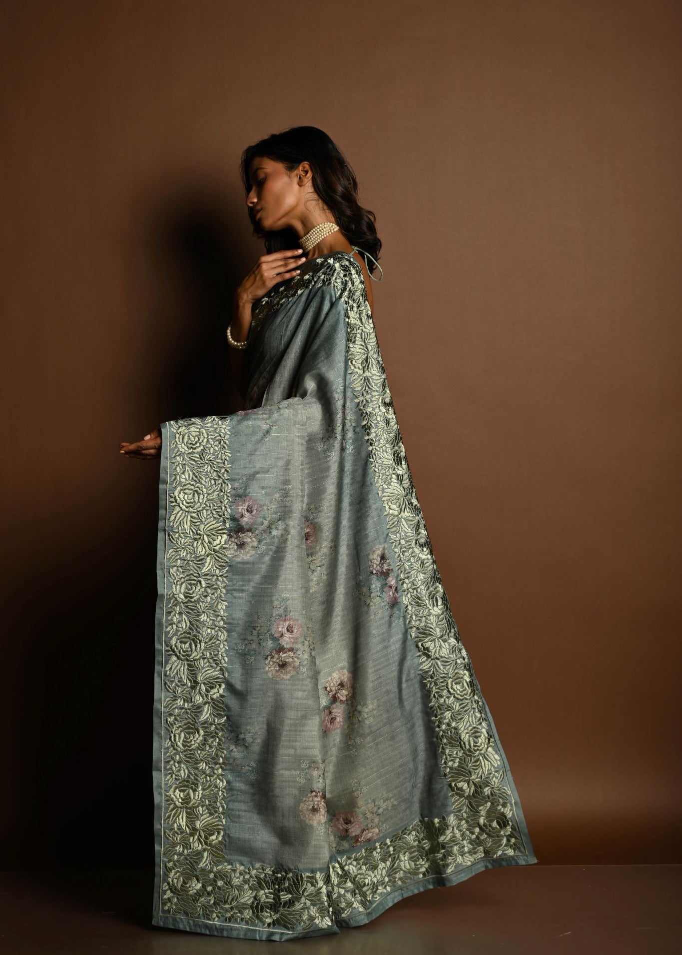 Sage Green Satin Silk Saree with Floral Prints and Parsi Gara Border - Anvi Couture