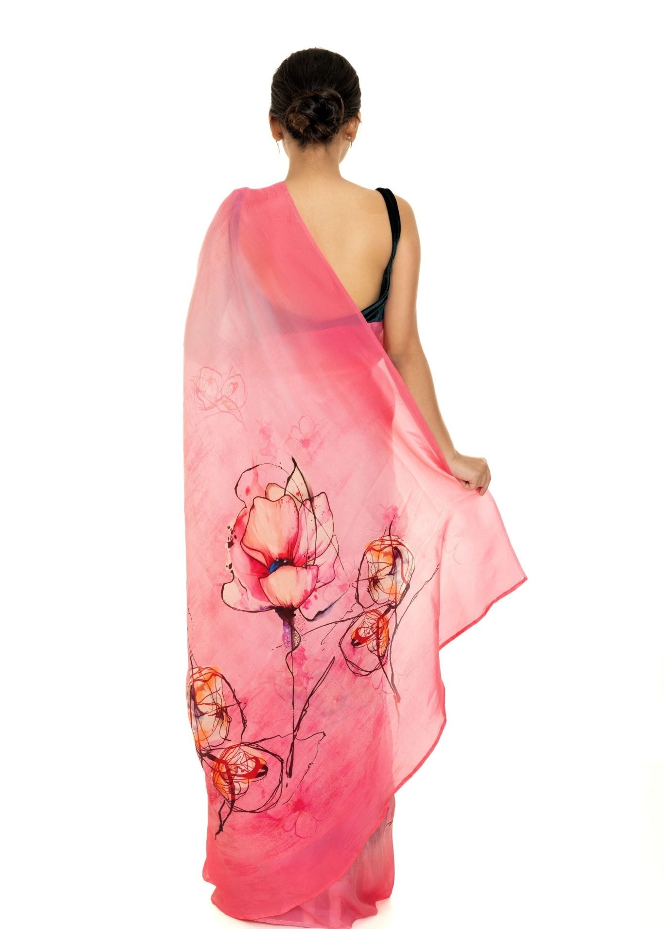 Pink Ombre Floral Painted Pure Organza Silk with Unstitch Blouse Piece - Anvi Couture