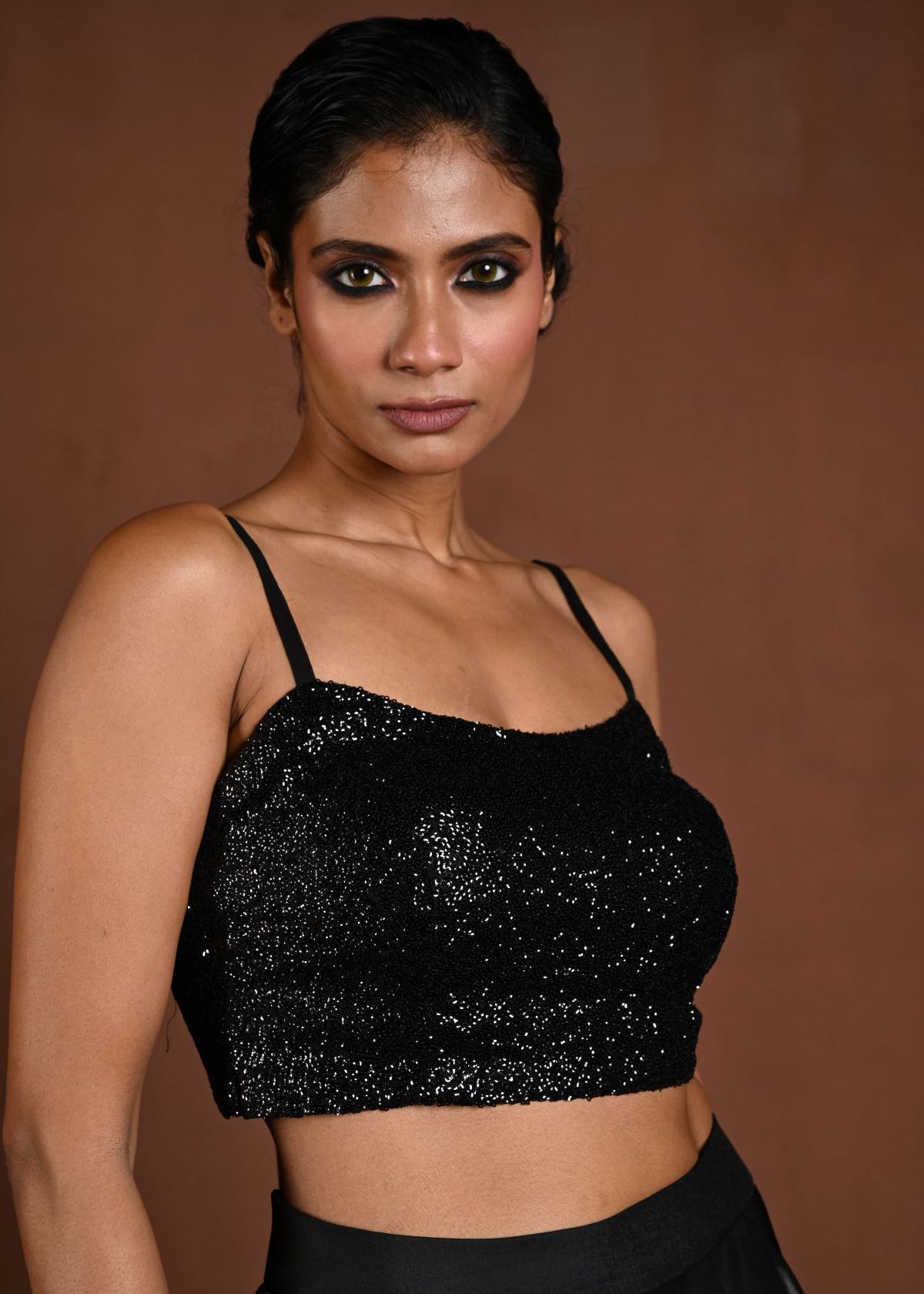 Black Sequin Spaghetti Strap Blouse with Back Closure - Anvi Couture