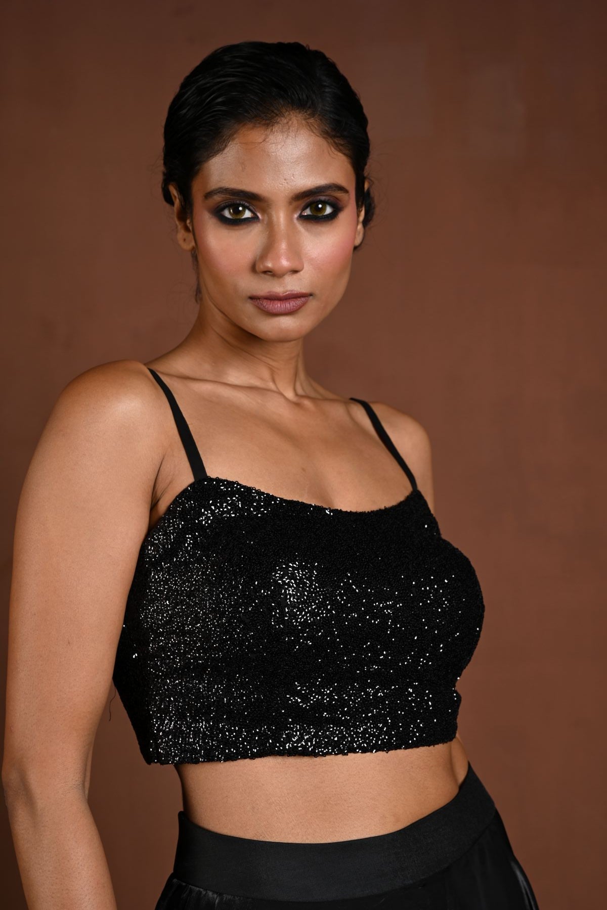 Black Sequin Spaghetti Strap Blouse with Back Closure - Anvi Couture