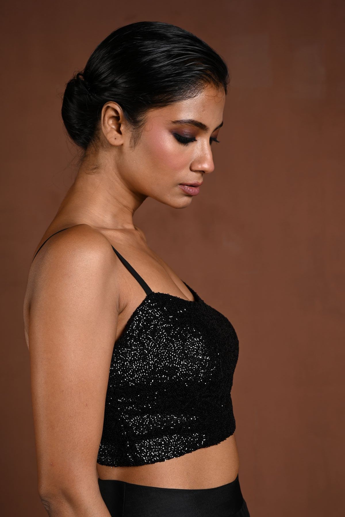 Black Sequin Spaghetti Strap Blouse with Back Closure - Anvi Couture