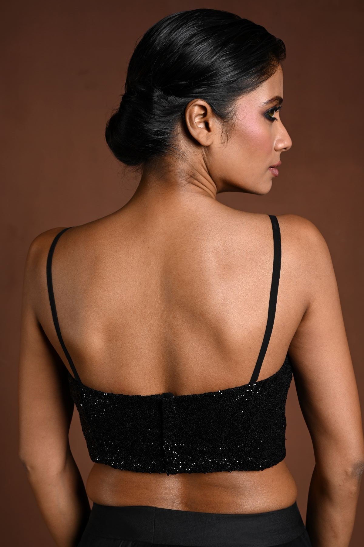 Black Sequin Spaghetti Strap Blouse with Back Closure - Anvi Couture