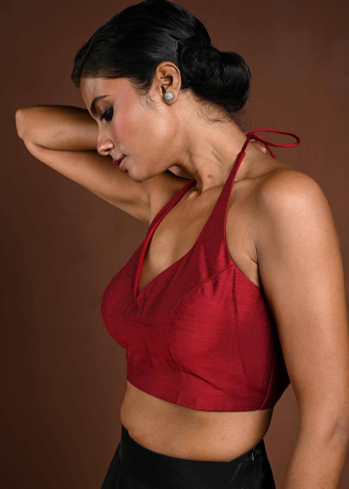 Maroon Halter Neck Blouse in Raw Silk with Back Closure - Anvi Couture