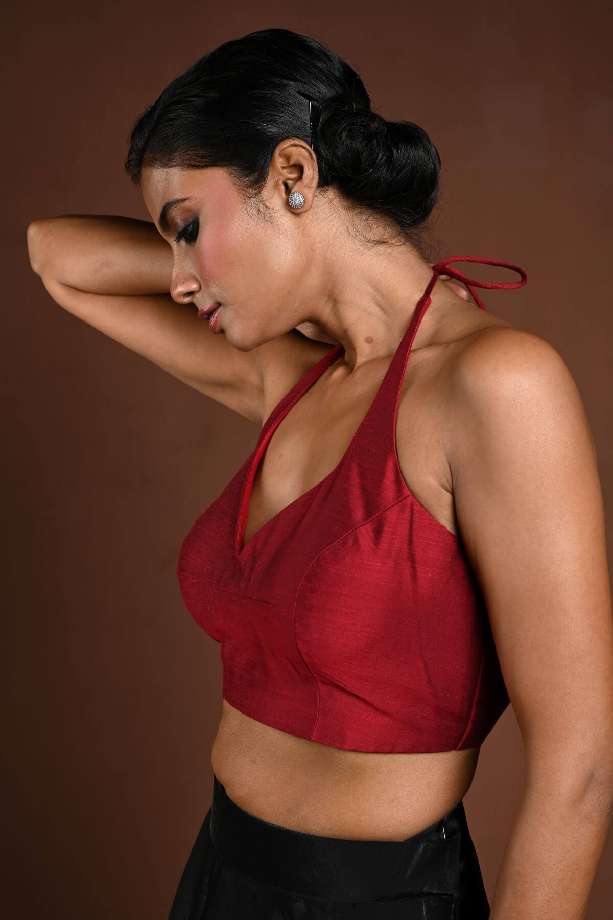 Maroon Halter Neck Blouse in Raw Silk with Back Closure - Anvi Couture