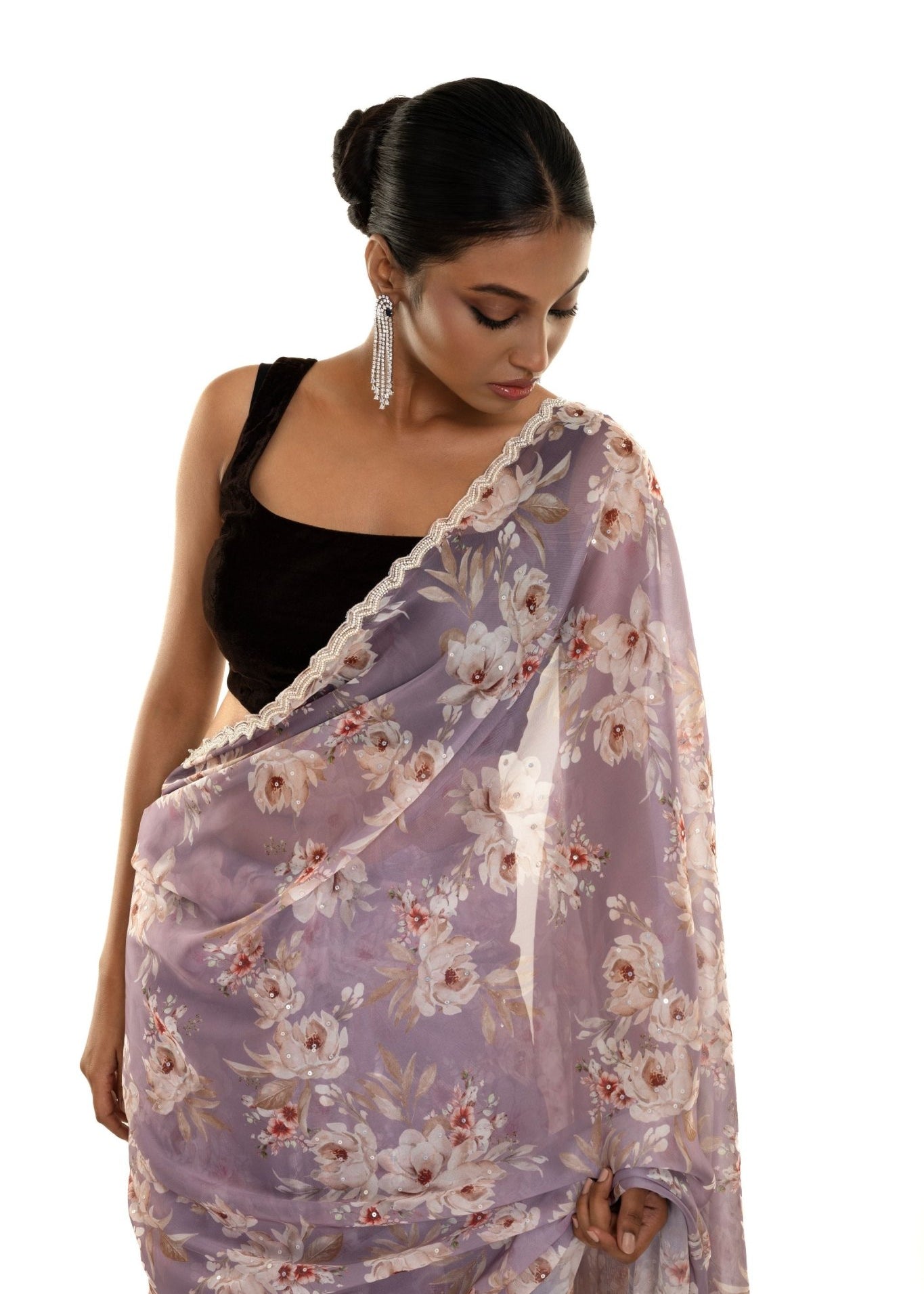 Light Purple Floral Printed Satin Silk Saree with Pearl - Sequin Scallop border - Image 4