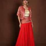 Red Jacket Lehenga with Golden Choli and Sequin Work - Anvi Couture