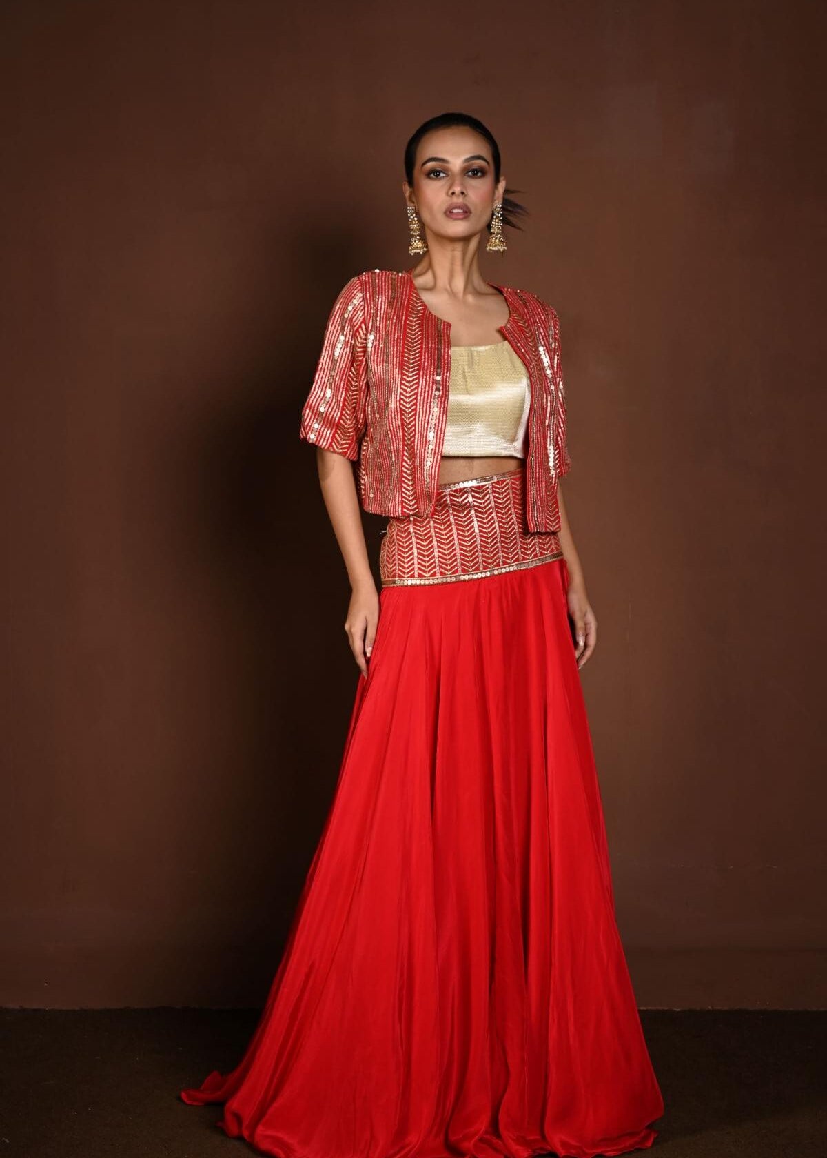 Red Jacket Lehenga with Golden Choli and Sequin Work - Anvi Couture