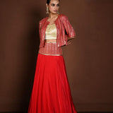 Red Jacket Lehenga with Golden Choli and Sequin Work - Anvi Couture
