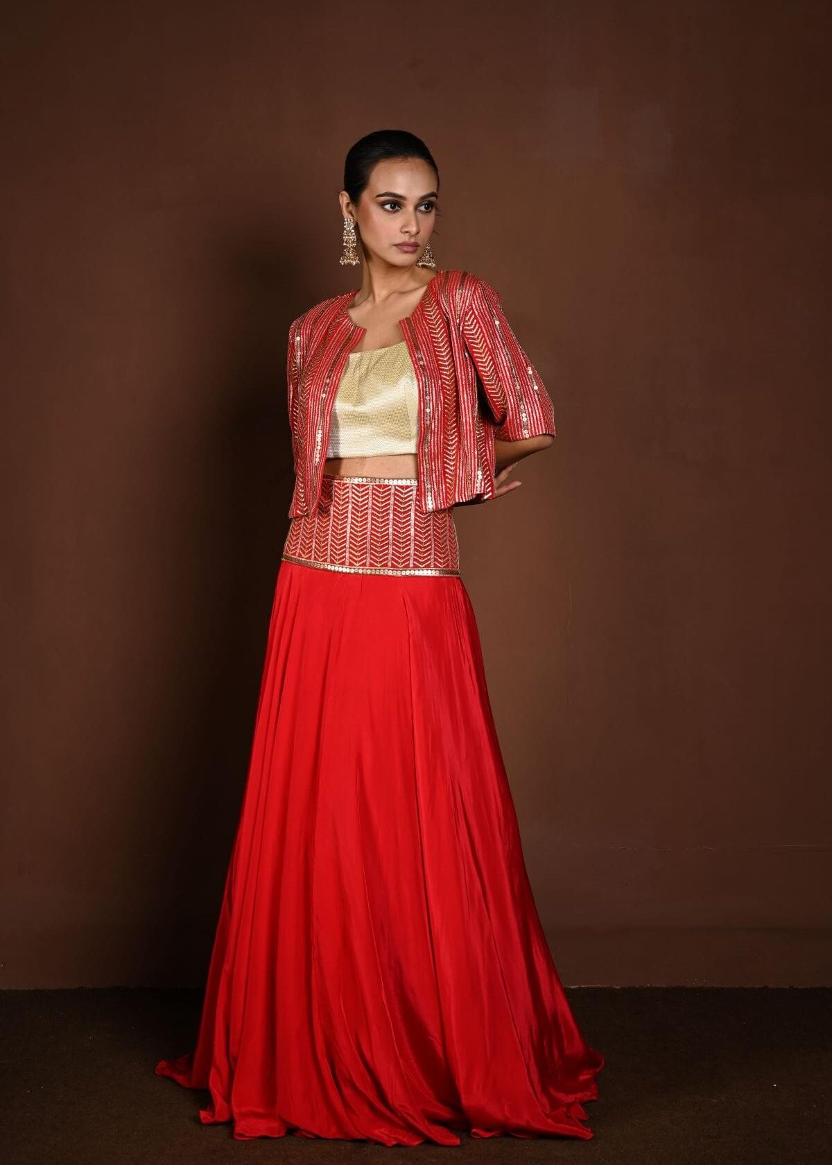 Red Jacket Lehenga with Golden Choli and Sequin Work - Anvi Couture