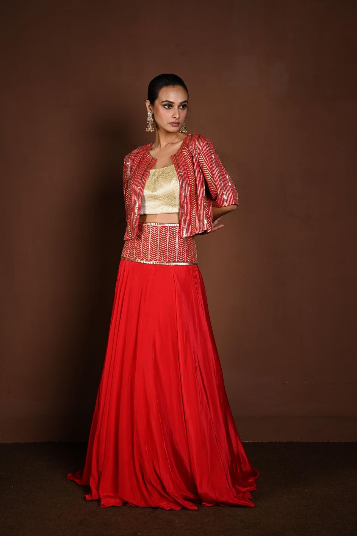 Red Jacket Lehenga with Golden Choli and Sequin Work - Anvi Couture