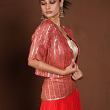 Red Jacket Lehenga with Golden Choli and Sequin Work - Anvi Couture