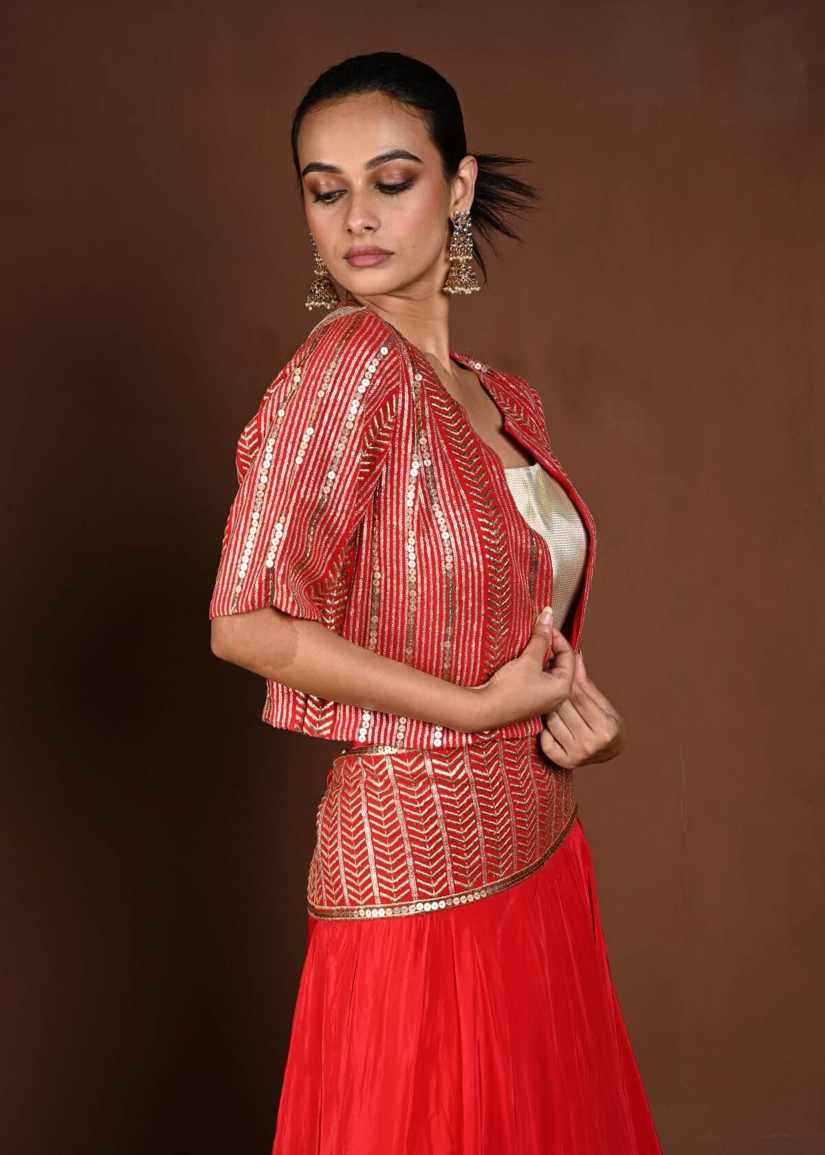 Red Jacket Lehenga with Golden Choli and Sequin Work - Anvi Couture