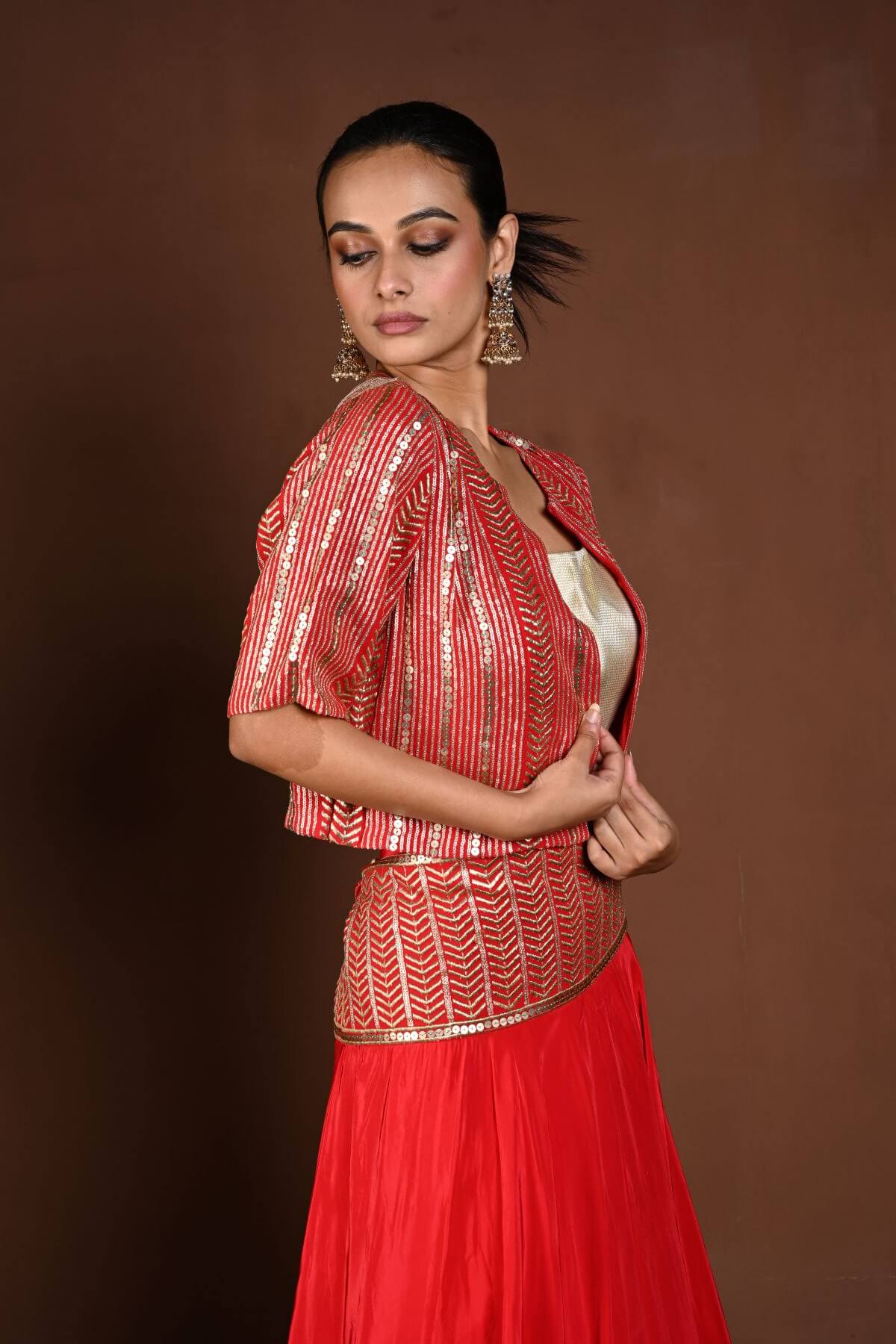 Red Jacket Lehenga with Golden Choli and Sequin Work - Anvi Couture