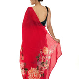 Red Floral Painted Pure Organza Silk with Unstitch Blouse Piece - Anvi Couture