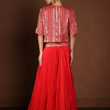 Red Jacket Lehenga with Golden Choli and Sequin Work - Anvi Couture