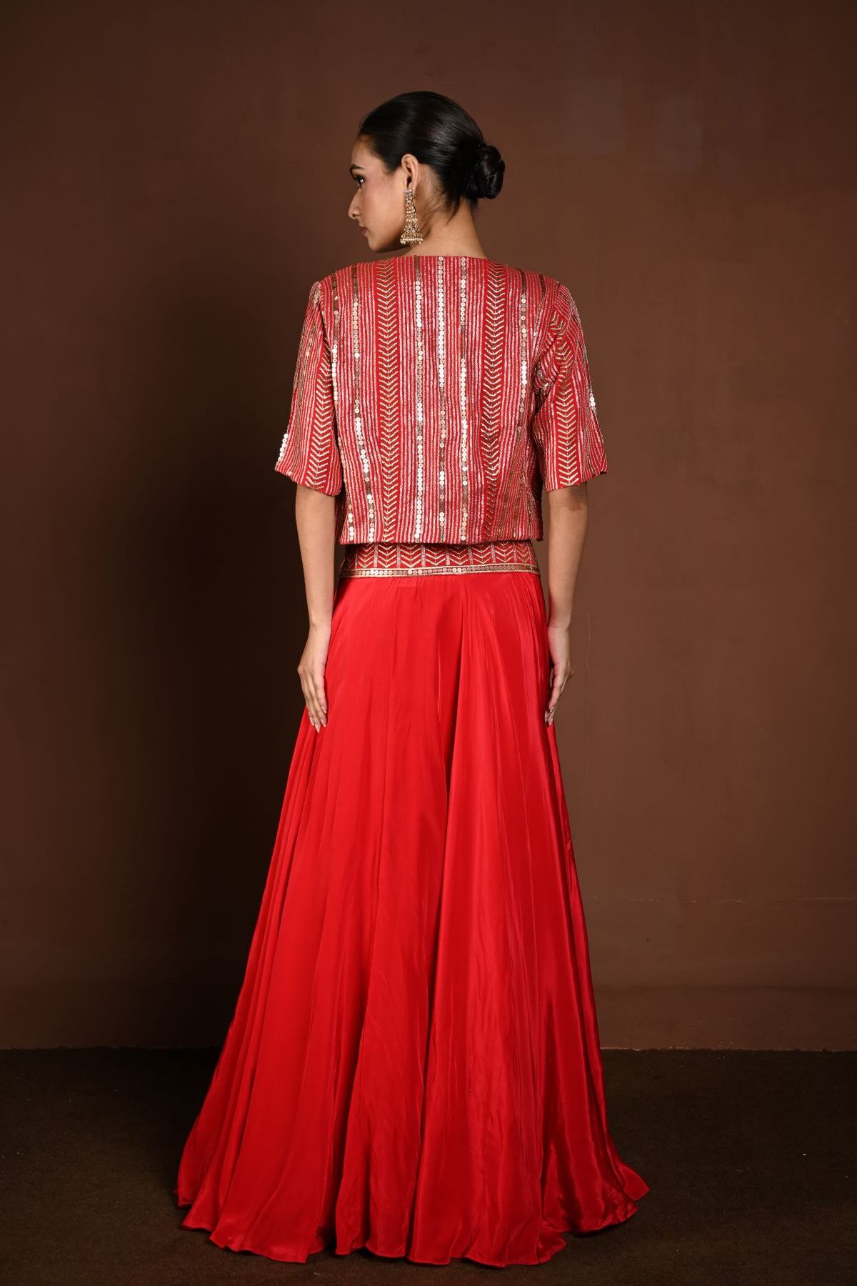 Red Jacket Lehenga with Golden Choli and Sequin Work - Anvi Couture