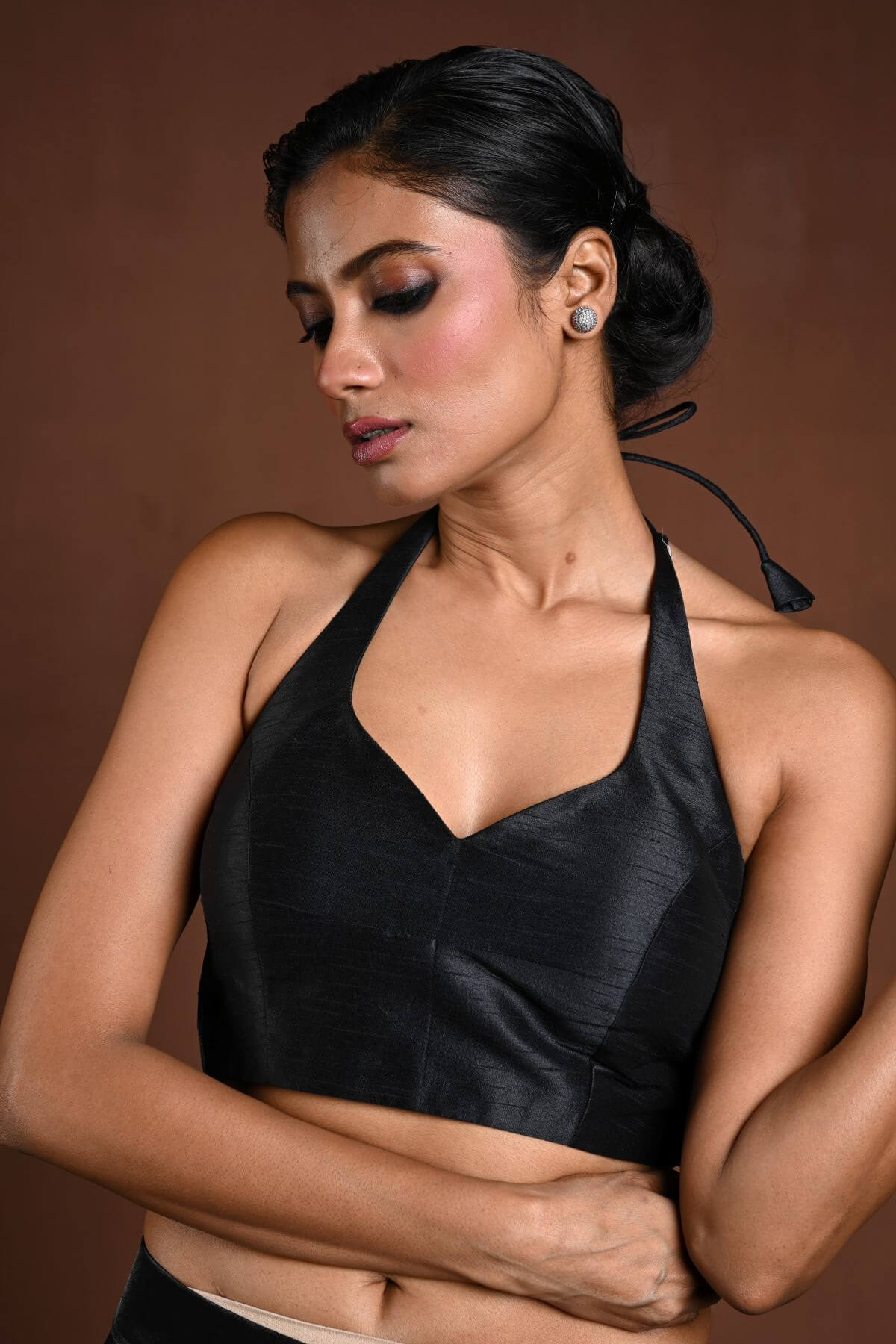 Black Halter Neck Blouse in Raw Silk with Back Closure - Anvi Couture