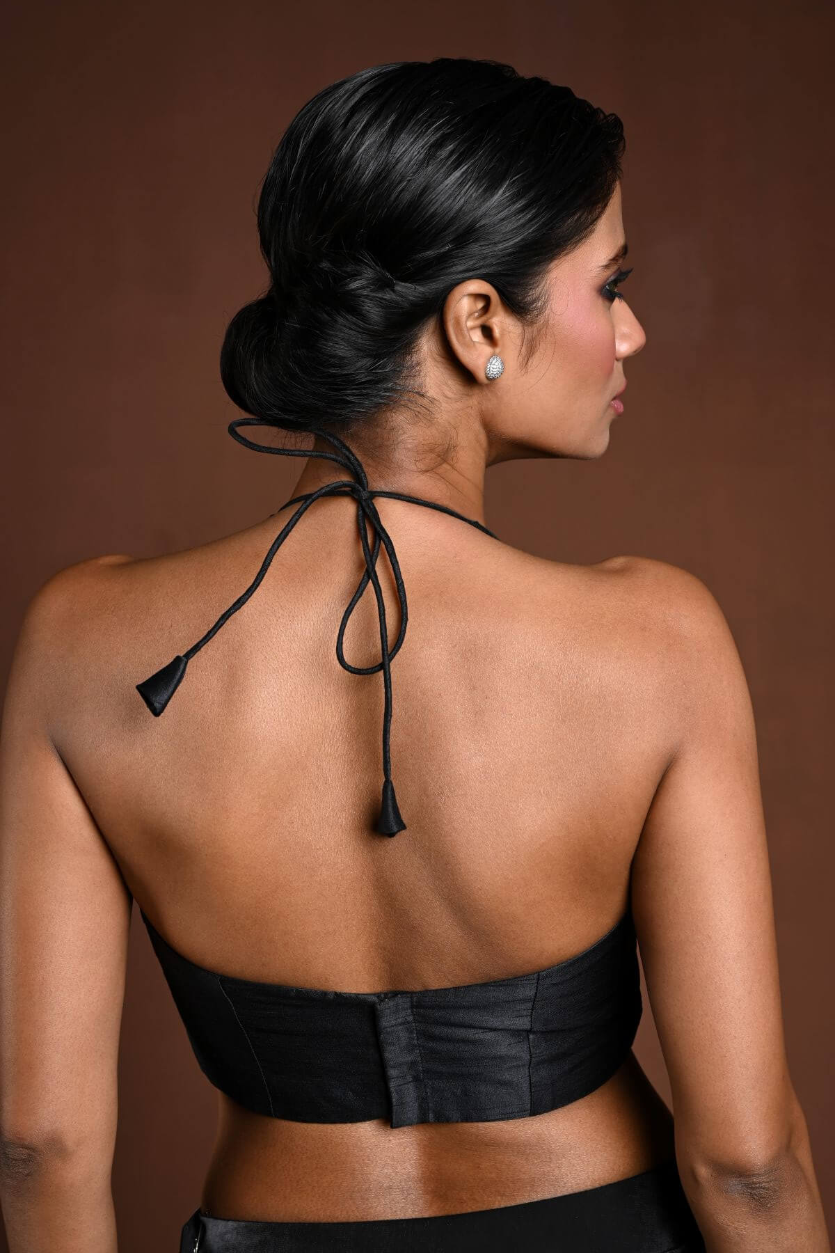 Black Halter Neck Blouse in Raw Silk with Back Closure - Anvi Couture