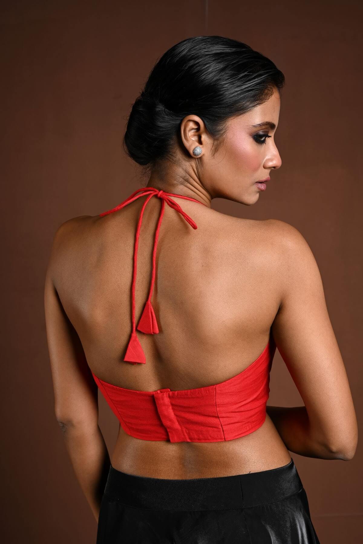 Red Halter Neck Blouse in Raw Silk - Anvi Couture