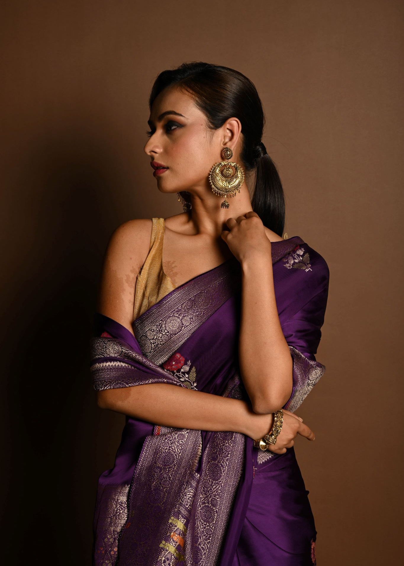 Purple Boota Silk Handloom Banarasi Saree - Anvi Couture