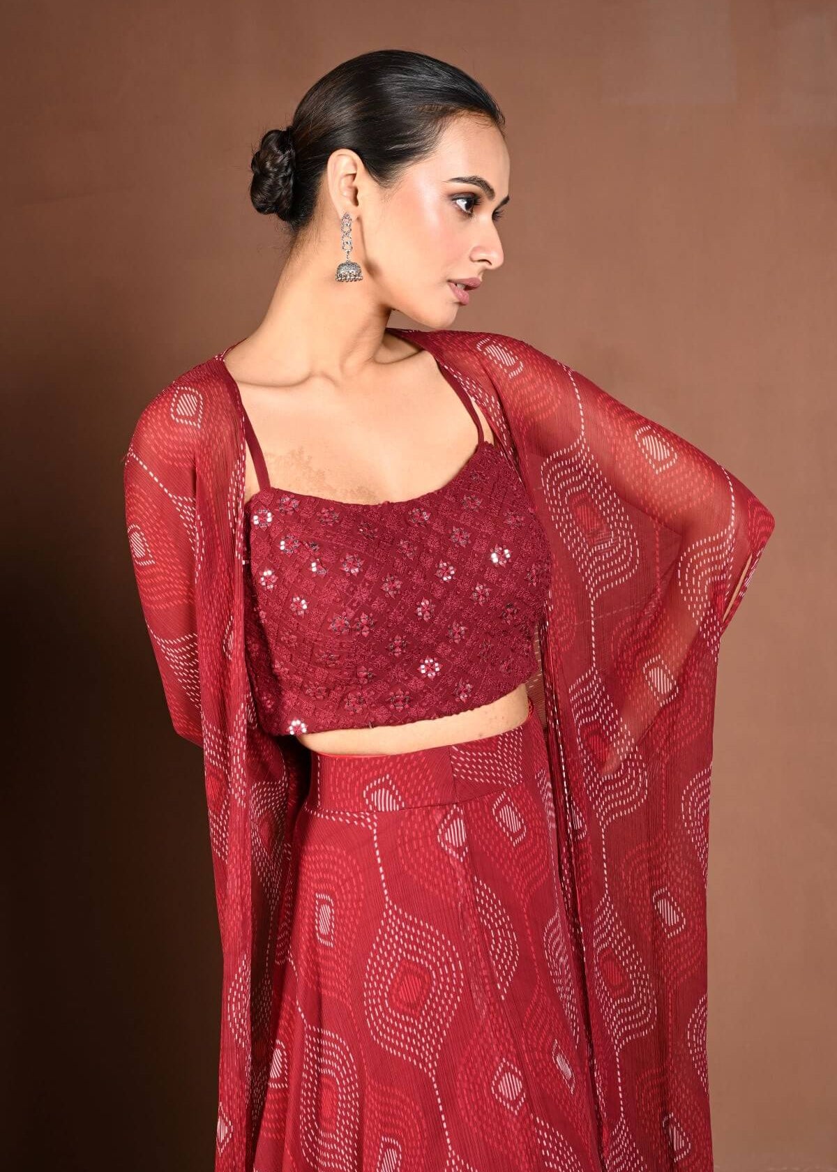 Maroon Cape - Style Lehenga with Bandhej Print and Sequin Choli - Anvi Couture